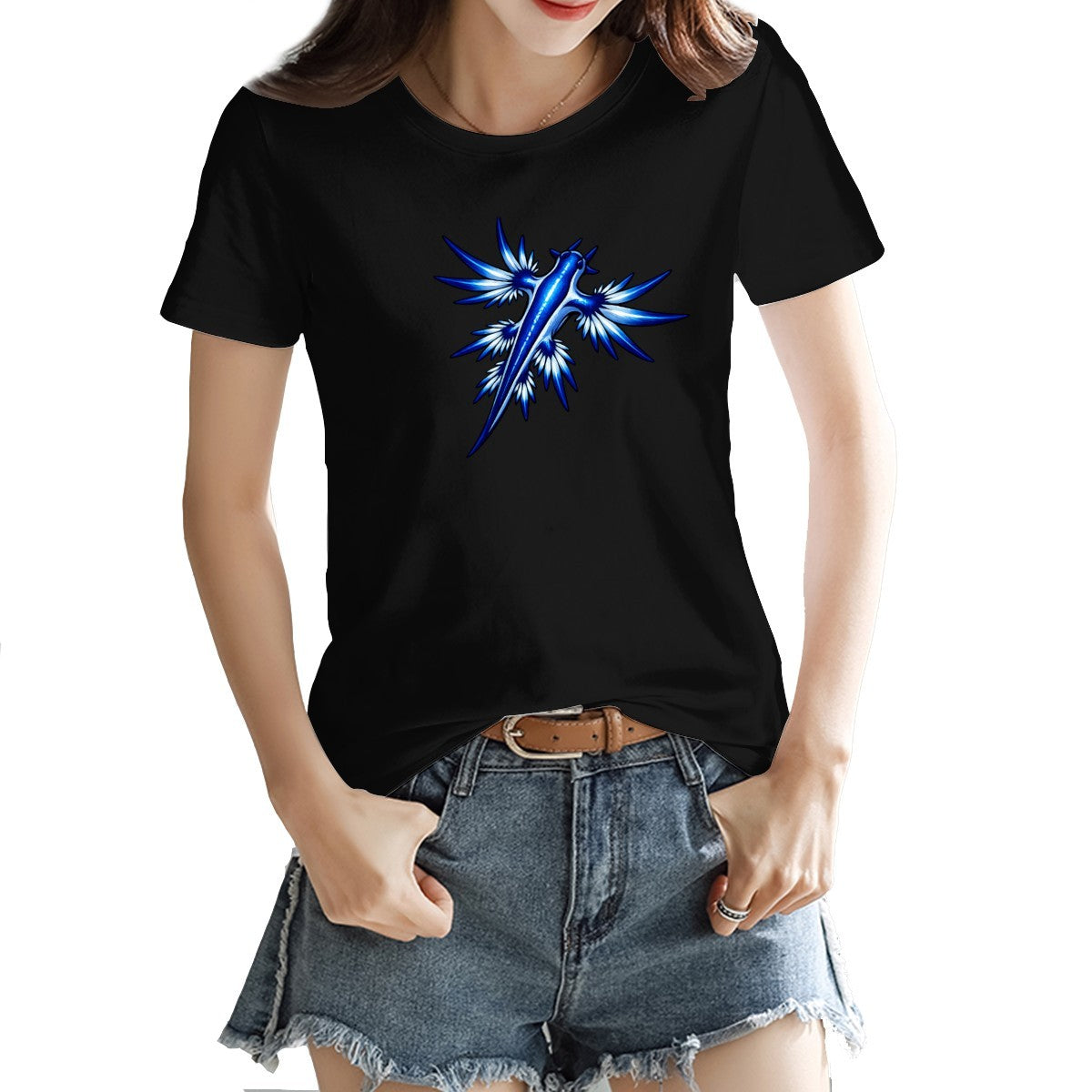Blue dragon sea slug tee in black on a model