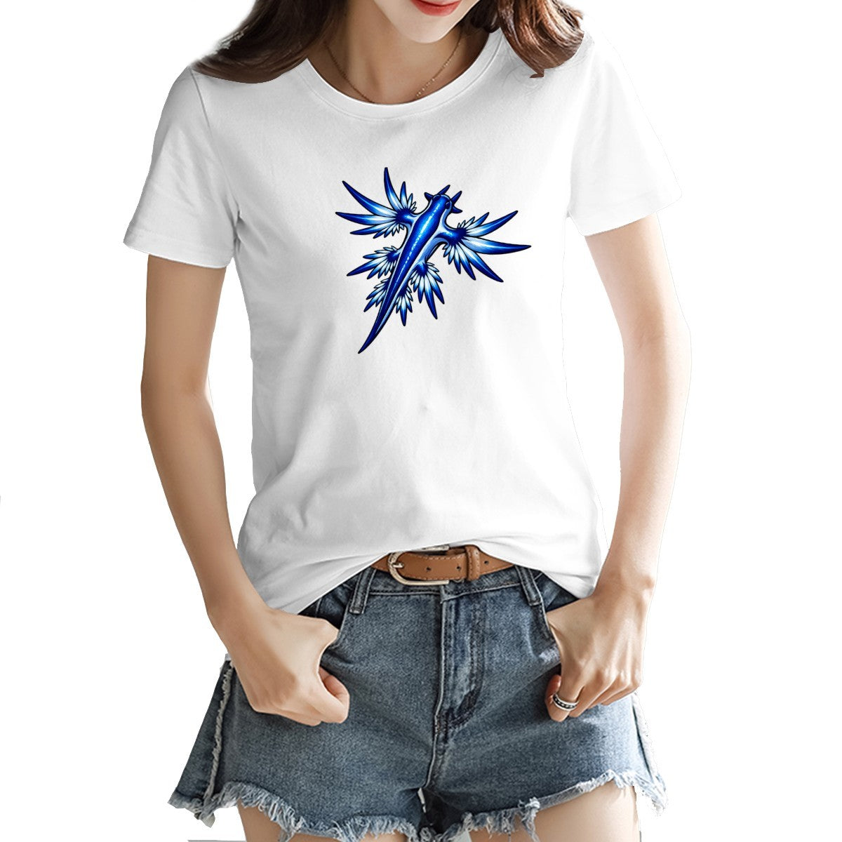 Blue dragon sea slug tee in white on a model, front view