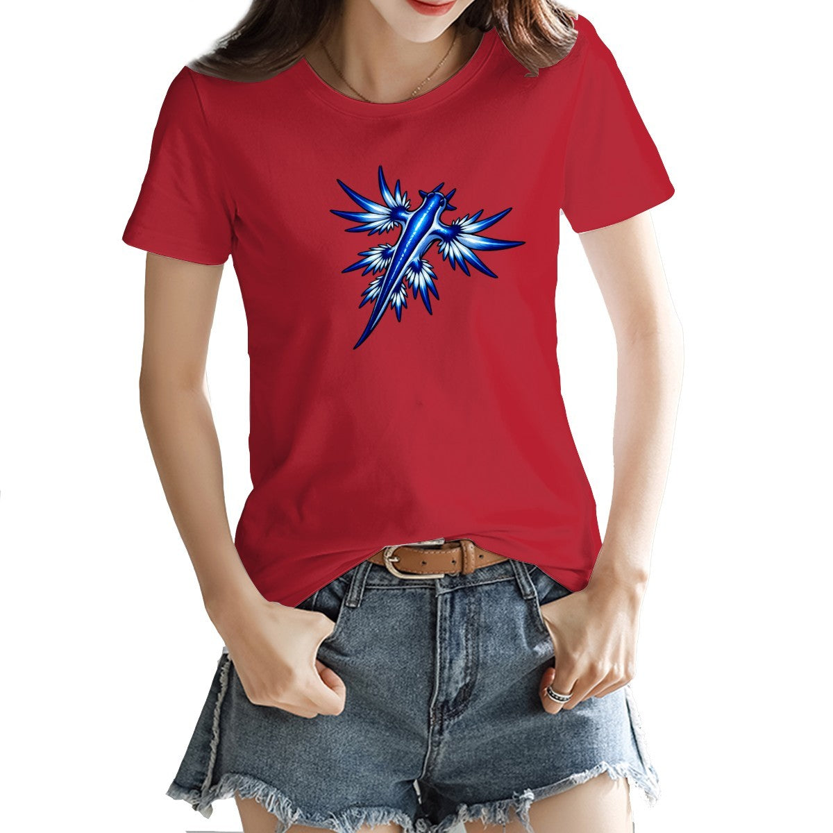 Blue dragon sea slug tee in red on a model