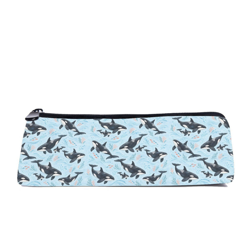 Slim zip pencil case printed with black and white orcas and calves on pale sky blue