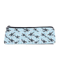 Slim zip pencil case printed with black and white orcas and calves on pale sky blue