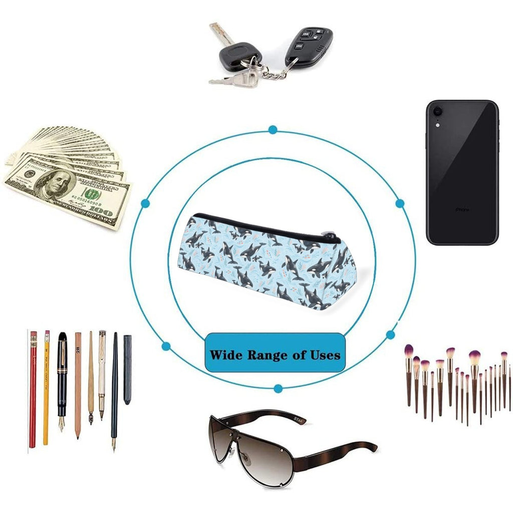 Orca pencil case shown with items it can hold, including pens, brushes, keys and a phone