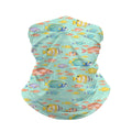 Neck gaiter and diving headband with yellow, orange, blue and red reef fish on an aqua background