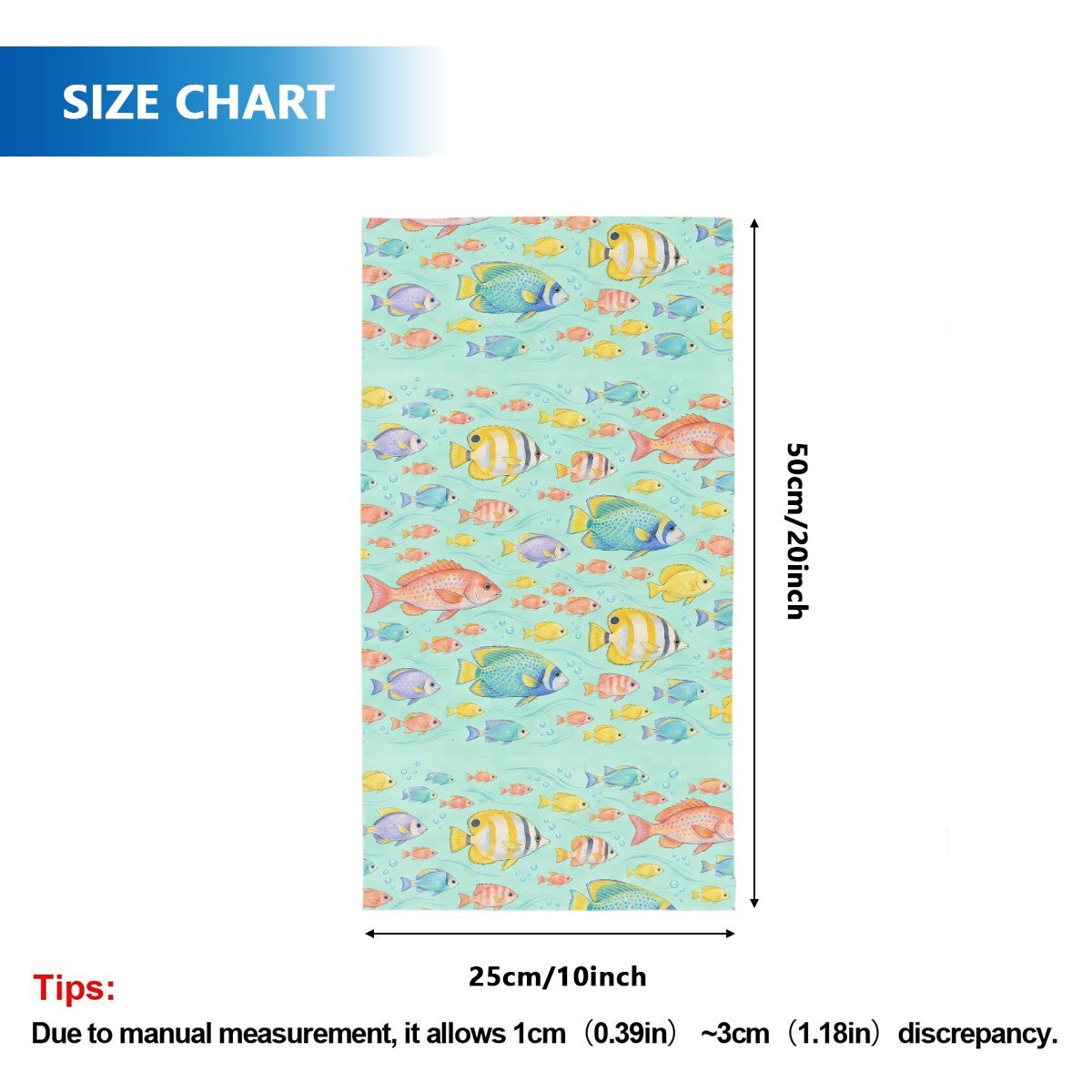 Size chart for the neck gaiter, a tube about 50 cm long and 25 cm wide when flat