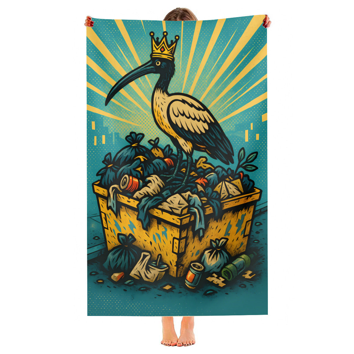 Crowned ibis beach towel held up, full print shown