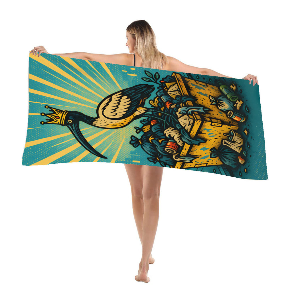 Crowned ibis beach towel draped over the shoulder at the beach