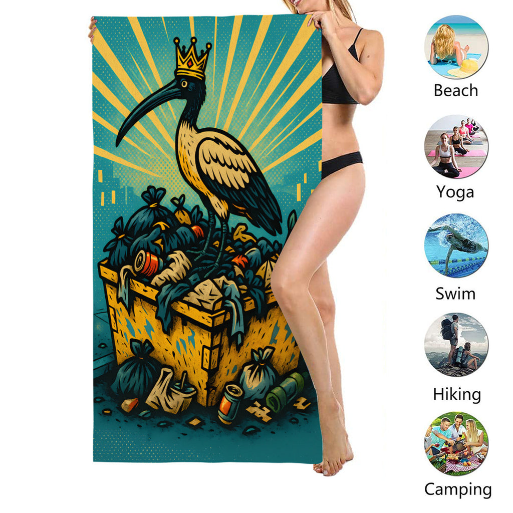 Crowned ibis beach towel size shown, suited to beach, yoga, swimming, hiking and camping
