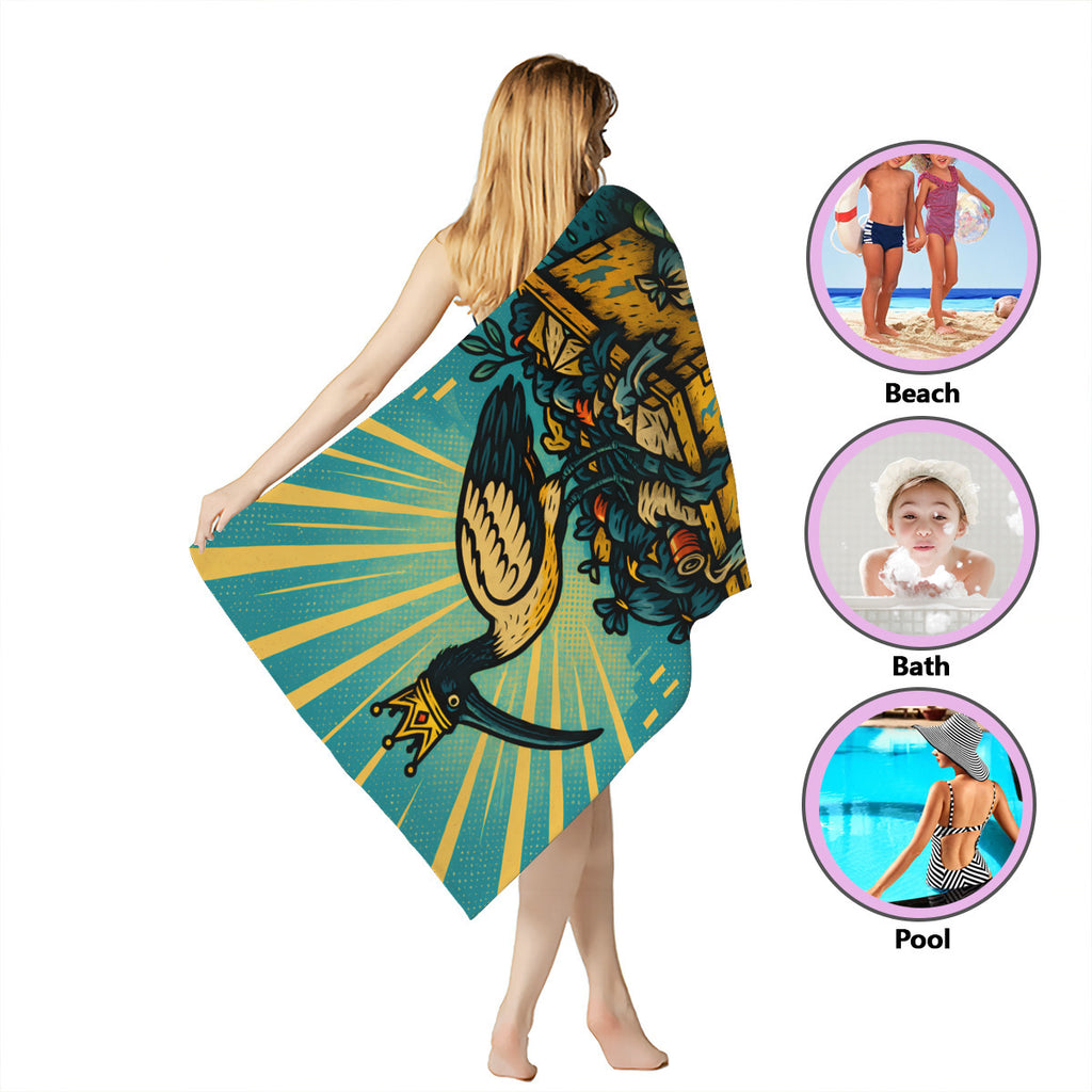 Crowned ibis beach towel wrapped around the body, for beach, bath or pool
