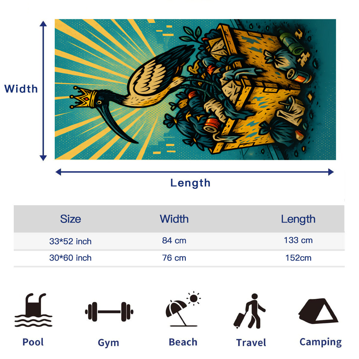 Size chart for the beach towel, 33 x 52 inch and 30 x 60 inch