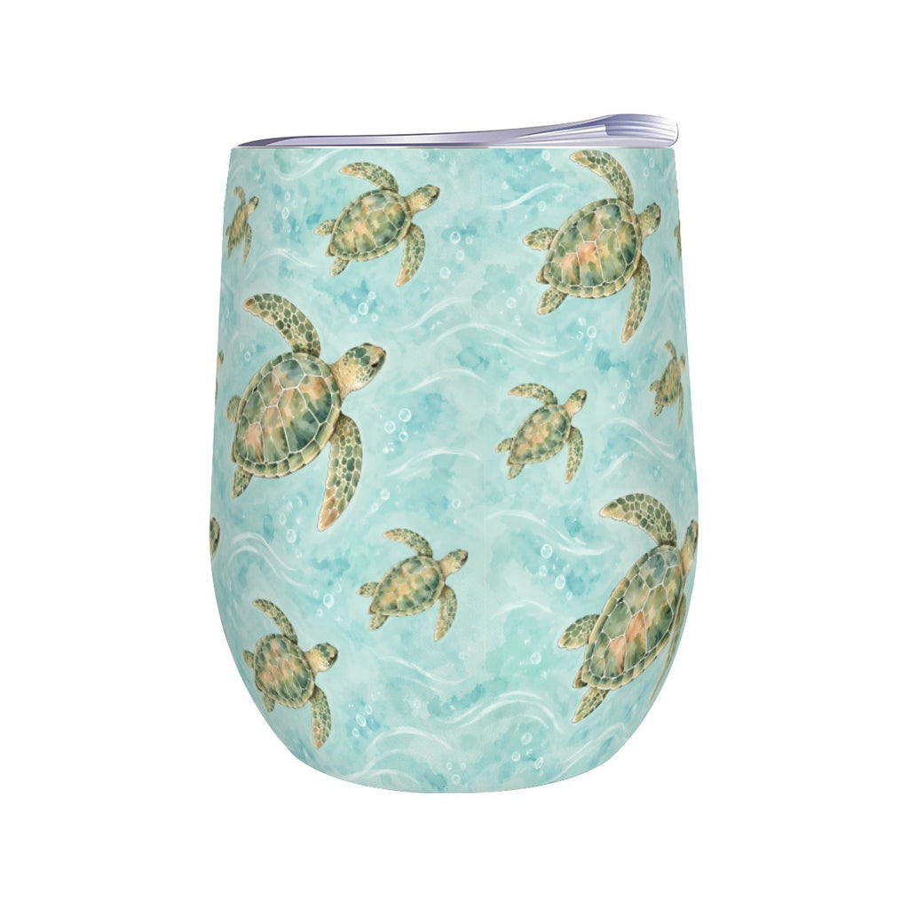 White stemless wine tumbler printed with a repeating pattern of sea turtles