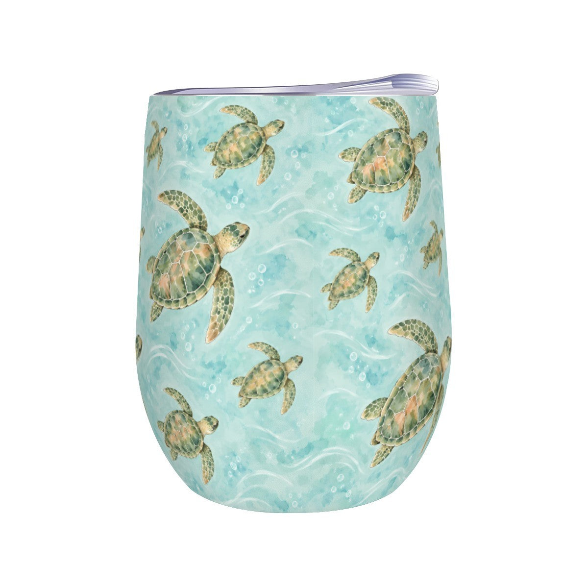 White stemless wine tumbler printed with a repeating pattern of sea turtles