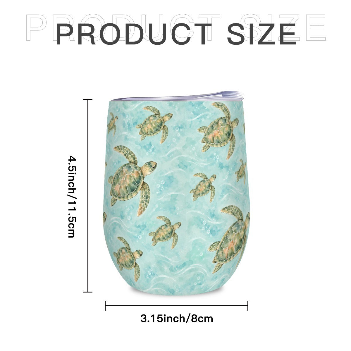 Size diagram of the sea turtle tumbler showing its height and width