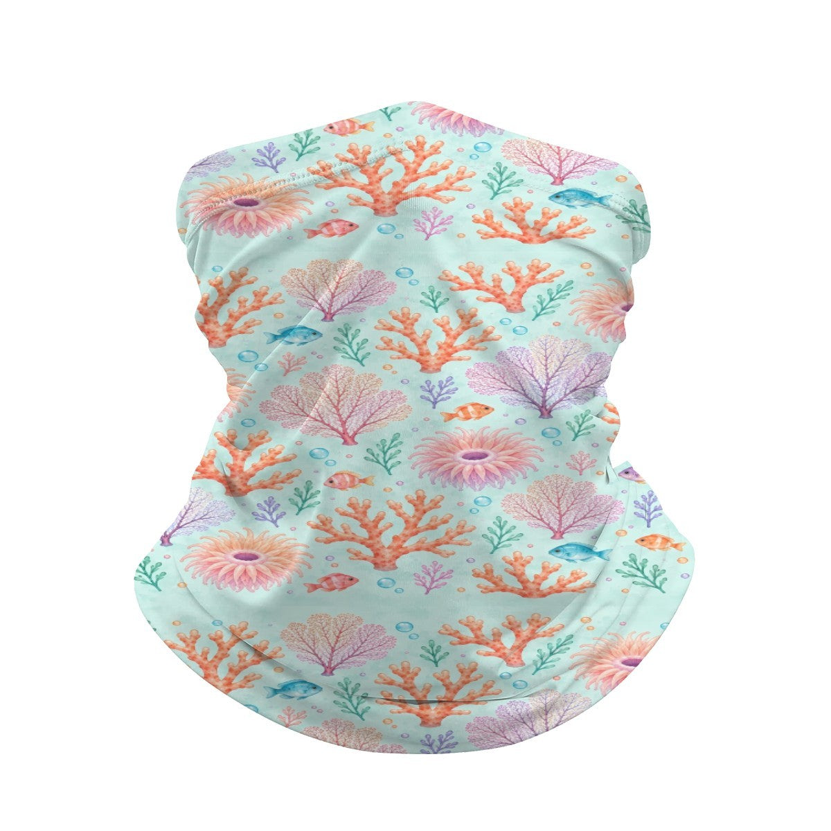 Neck gaiter and diving headband with pink and orange coral fans and small fish on an aqua background