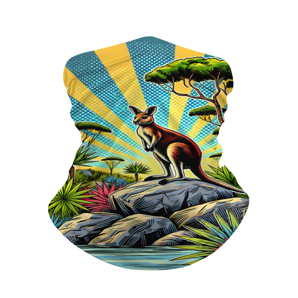 Red kangaroo at sunrise print neck gaiter