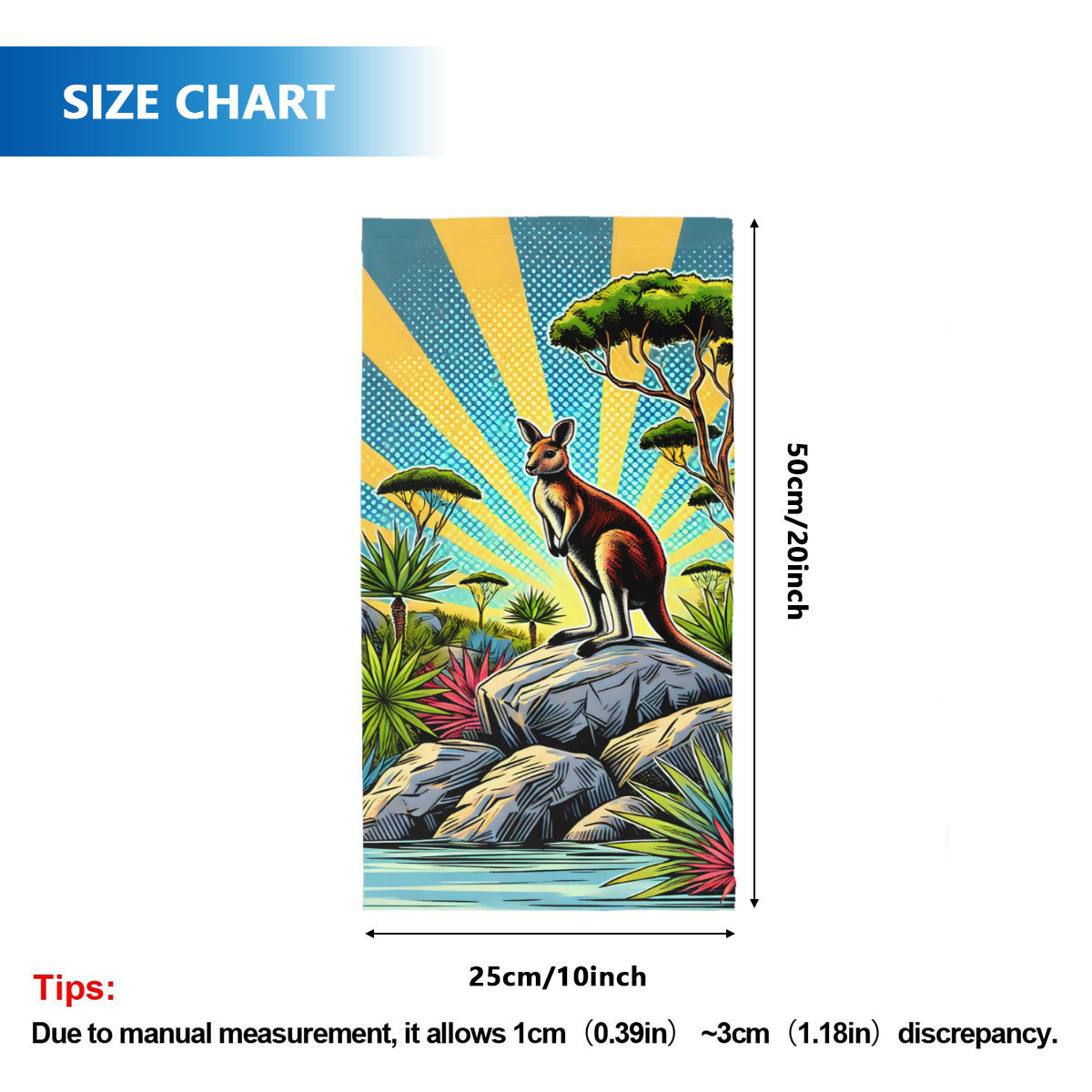 Kangaroo neck gaiter size chart, one size, 25 x 50cm