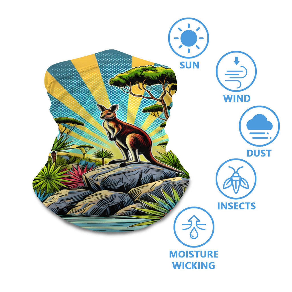 Kangaroo neck gaiter worn around the neck, with sun, wind, dust and insect protection icons