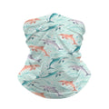 Neck gaiter and diving headband with coral pink and grey dolphins on aqua and mint