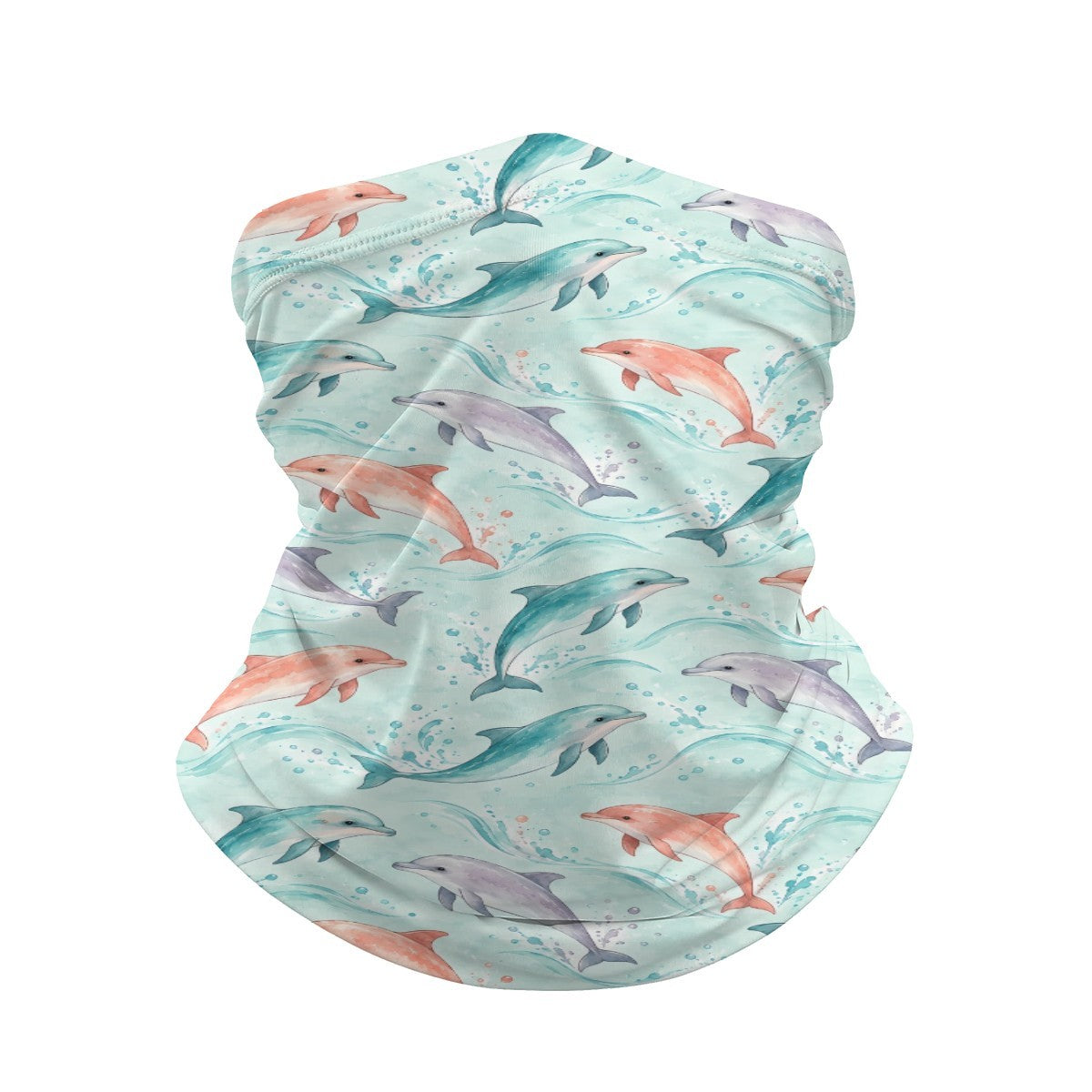 Neck gaiter and diving headband with coral pink and grey dolphins on aqua and mint