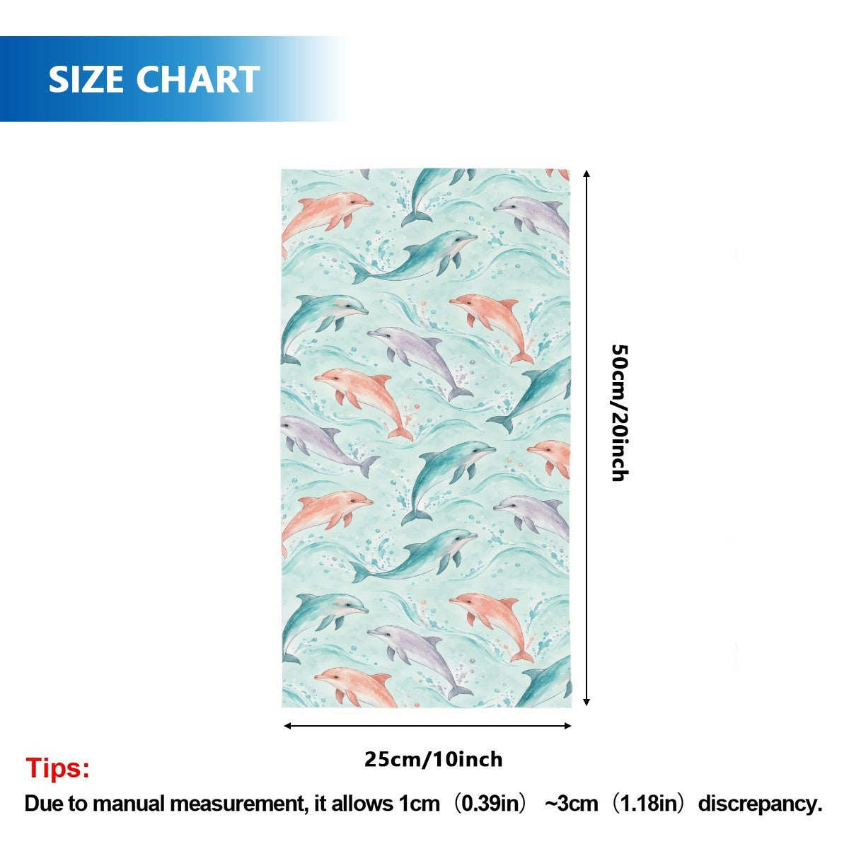 Size chart for the neck gaiter, a tube about 50 cm long and 25 cm wide when flat