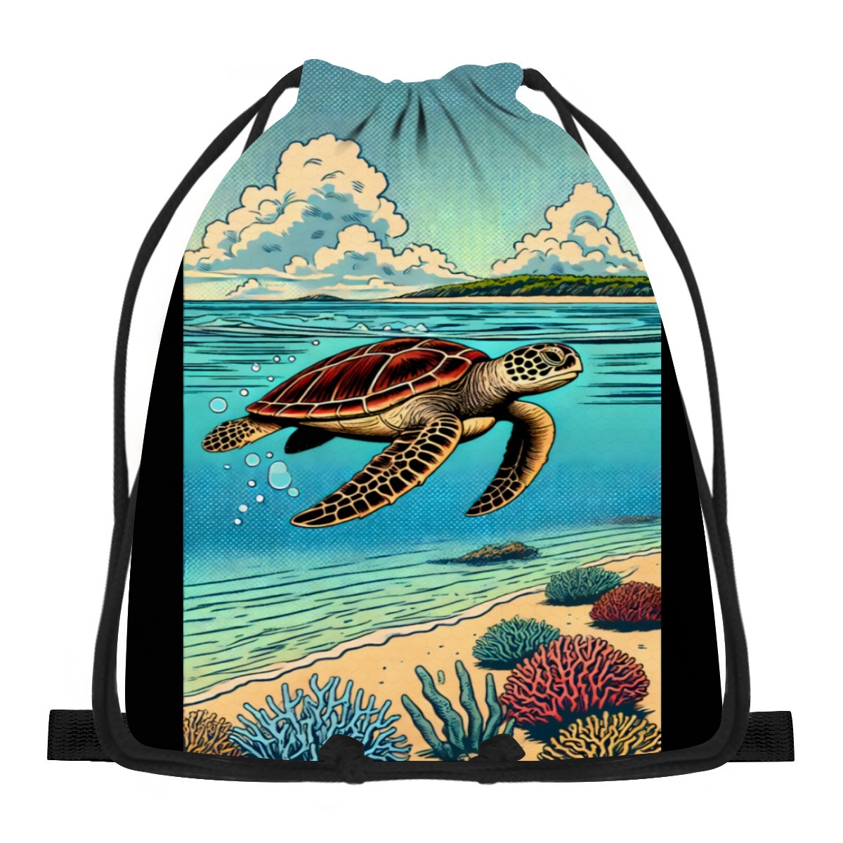 Turtle cove design on a drawstring bag, front view.