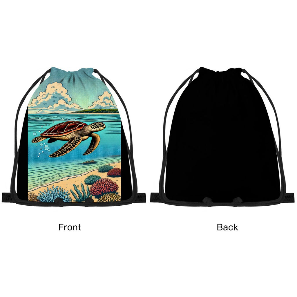 Front and back view of the Turtle Cove drawstring bag, plain black on the reverse.