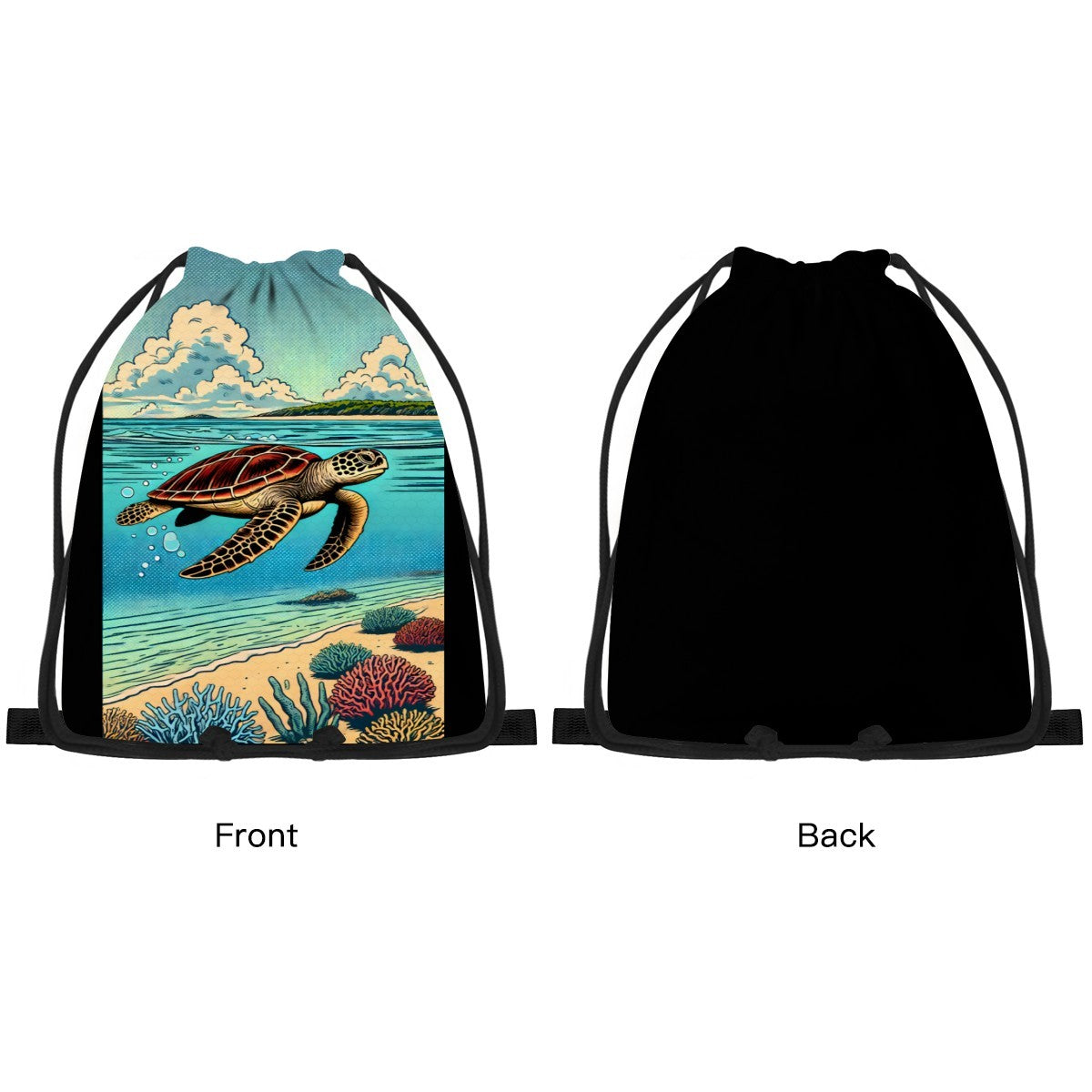Front and back view of the Turtle Cove drawstring bag, plain black on the reverse.