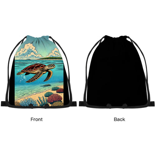 Front and back view of the Turtle Cove drawstring bag, plain black on the reverse.
