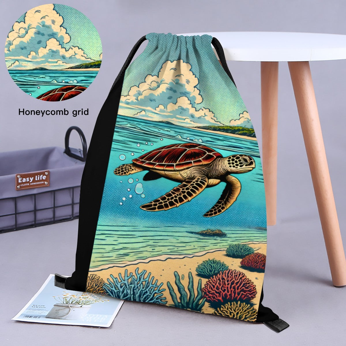 Close-up of the woven fabric texture on the Turtle Cove drawstring bag.