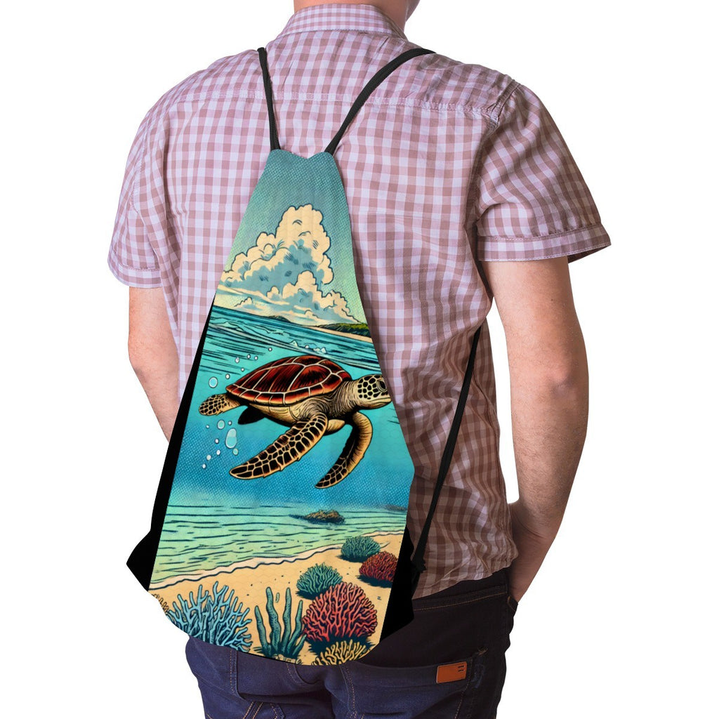 Turtle Cove drawstring bag worn on the back, straps over both shoulders.