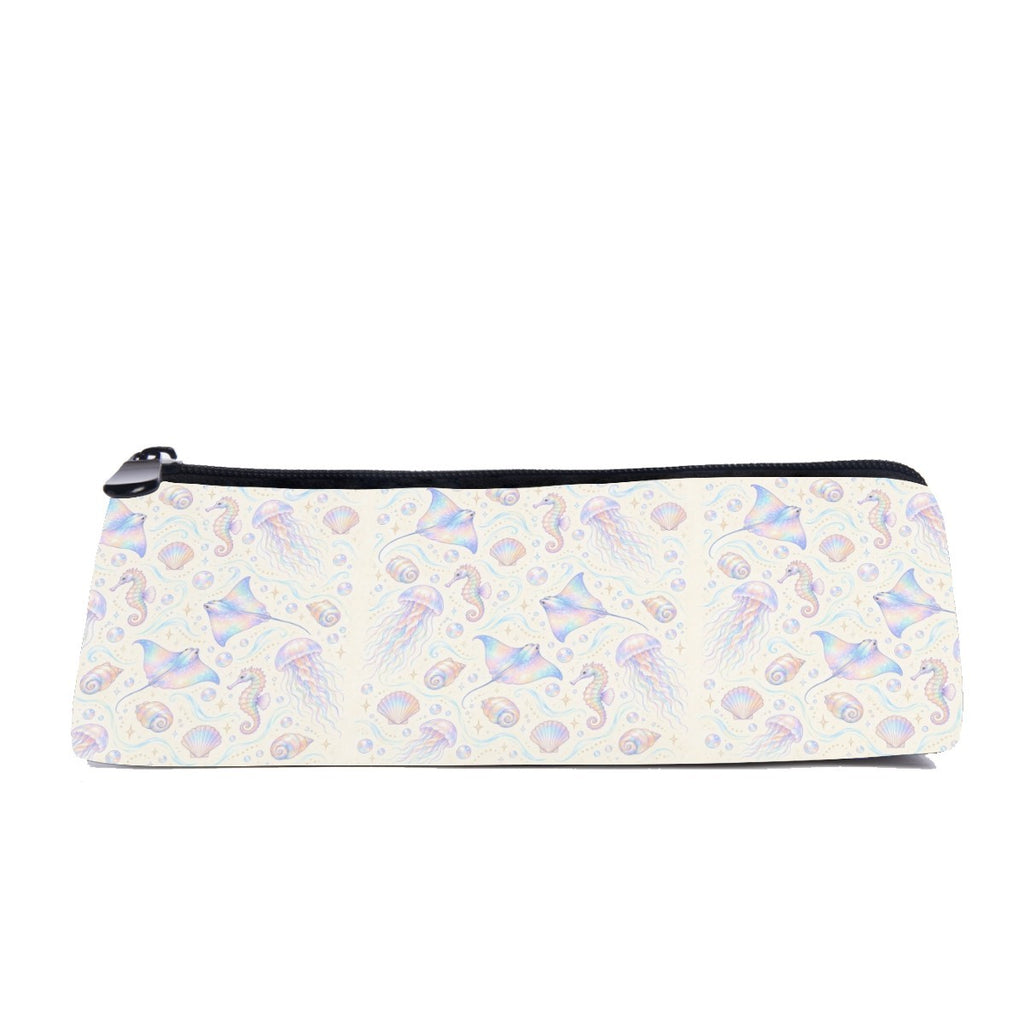 Slim zip pencil case printed with pearly pastel jellyfish, seahorses, rays and shells on ivory