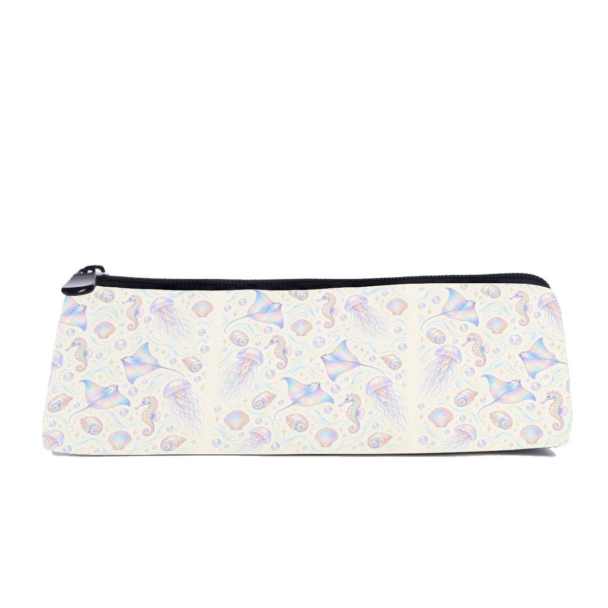 Slim zip pencil case printed with pearly pastel jellyfish, seahorses, rays and shells on ivory