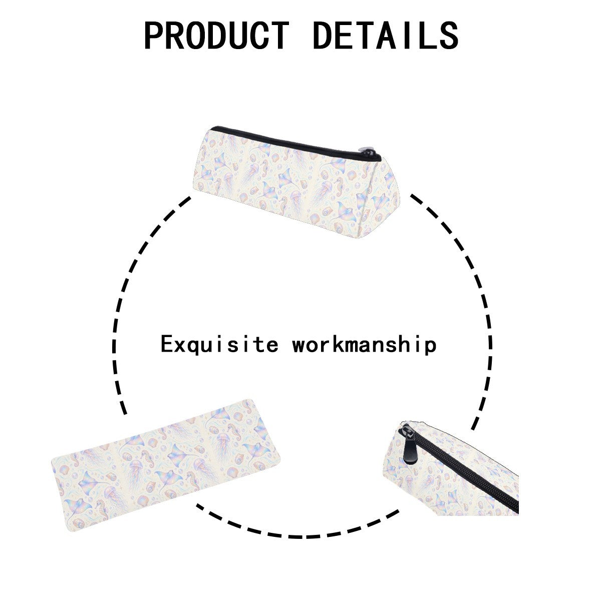 Product details diagram of the pencil case showing the zip and stitching