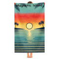 Sunset beach towel held up, full print shown