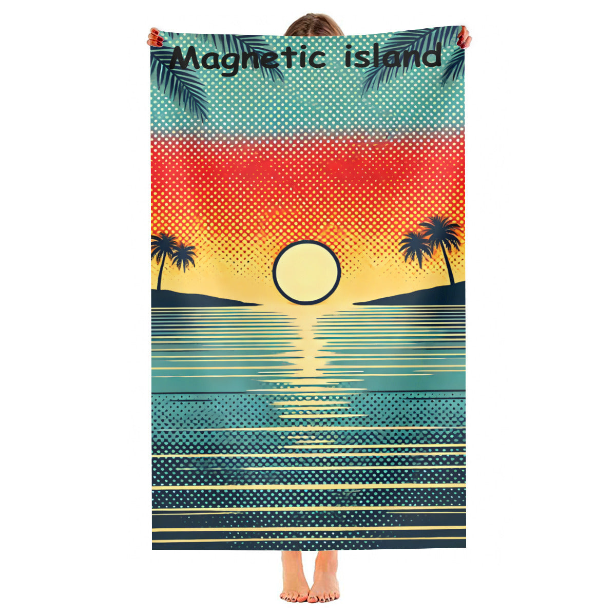 Sunset beach towel held up, full print shown