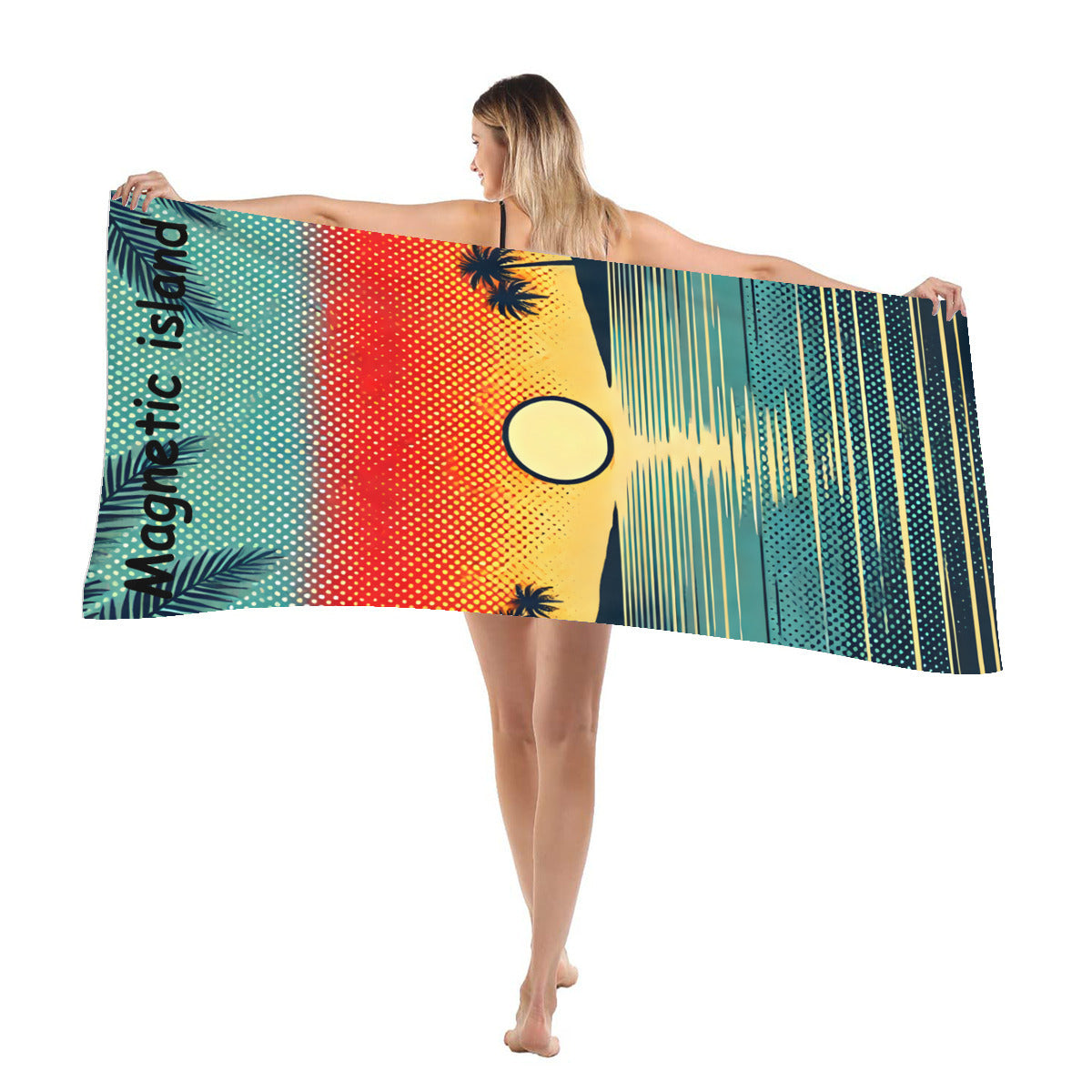 Sunset beach towel draped over the shoulder at the beach