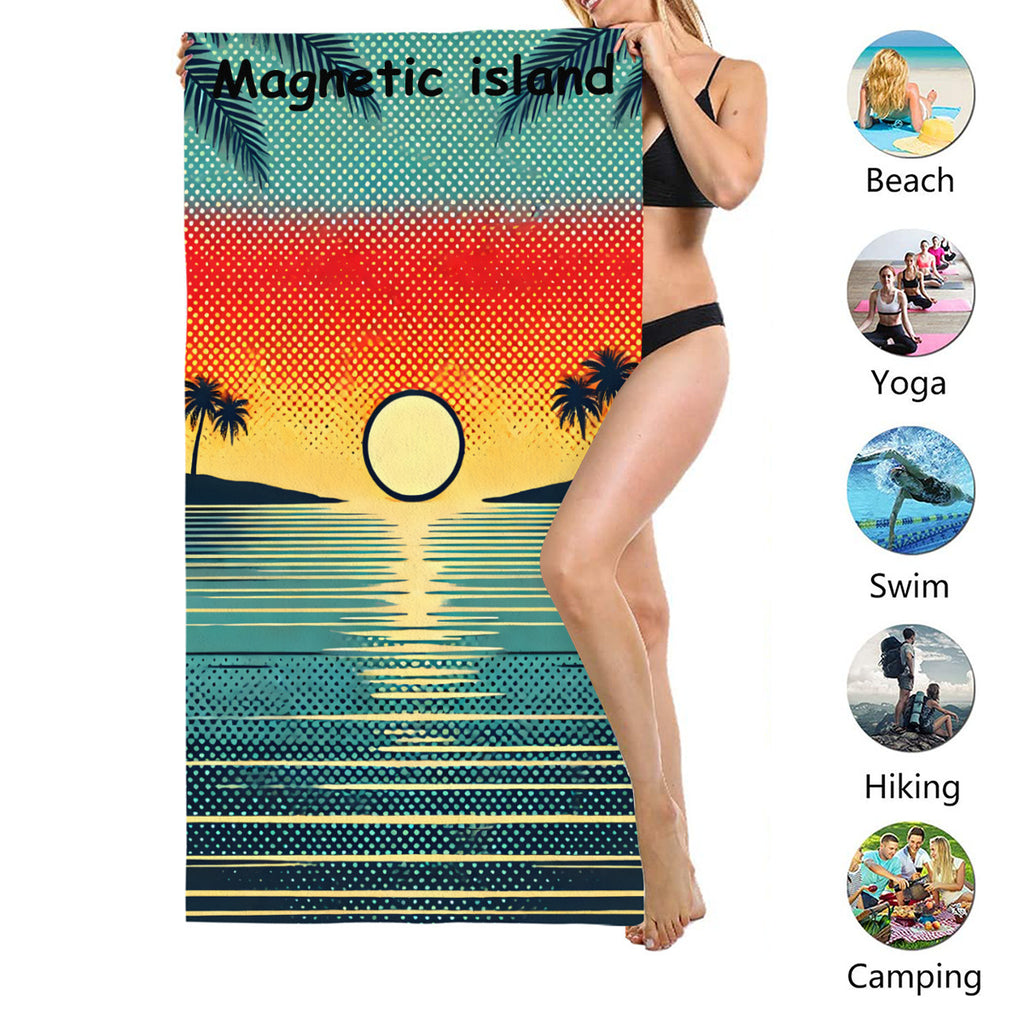 Sunset beach towel size shown, suited to beach, yoga, swimming, hiking and camping