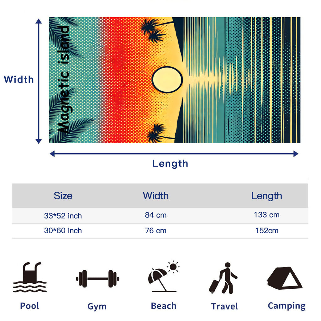 Size chart for the beach towel, 33 x 52 inch and 30 x 60 inch