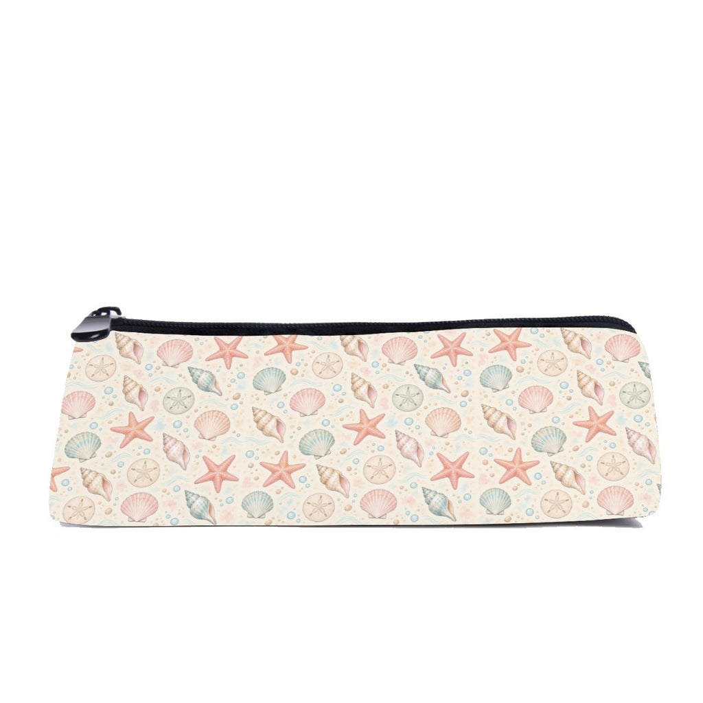 Slim zip pencil case printed with starfish, scallops and spiral shells in peach and sage on cream