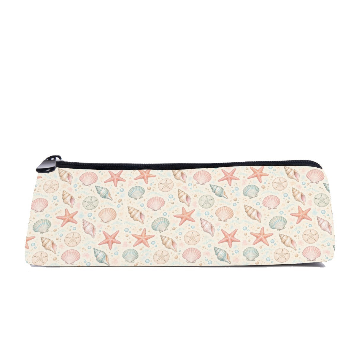 Slim zip pencil case printed with starfish, scallops and spiral shells in peach and sage on cream
