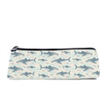 Slim zip pencil case printed with blue-grey whale sharks and tiny fish on warm cream