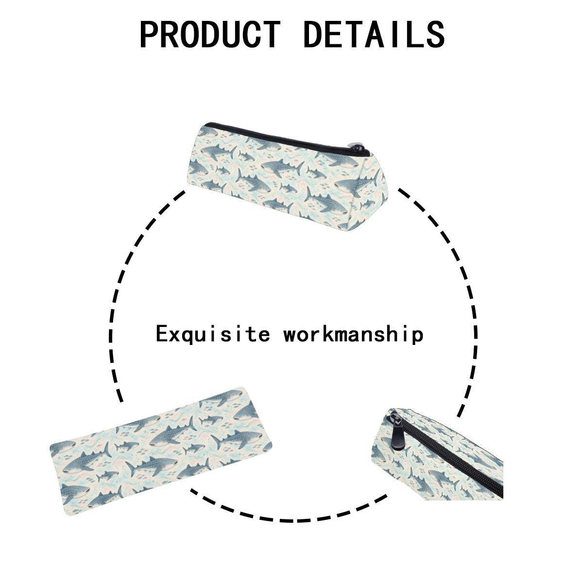 Product details diagram of the pencil case showing the zip and stitching