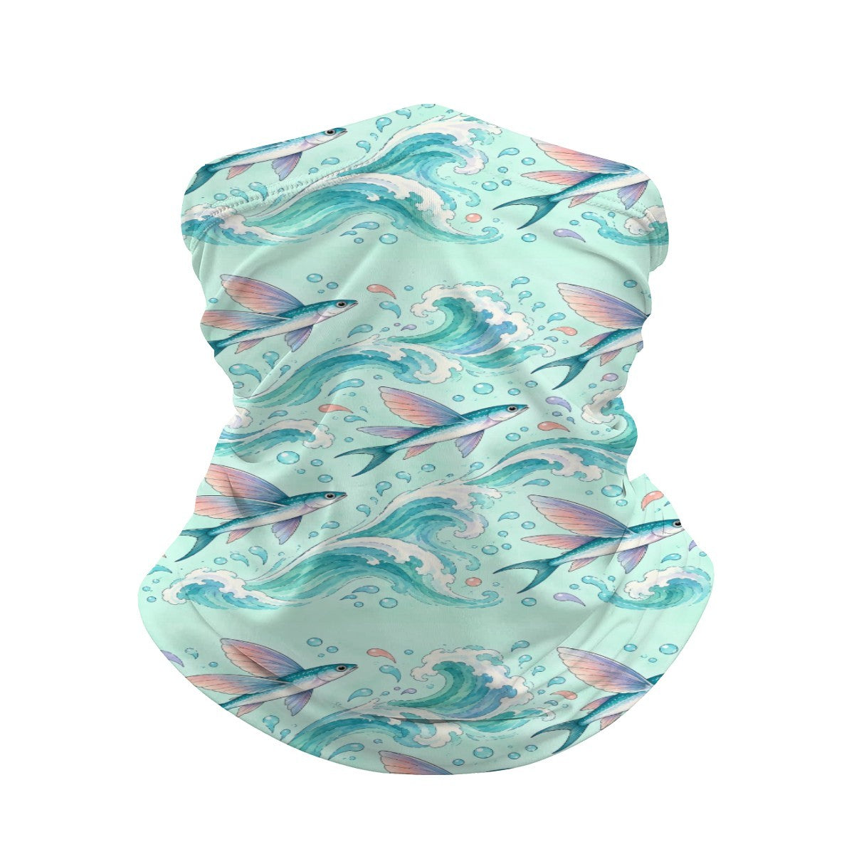 Neck gaiter and diving headband with pink and coral flying fish above teal and white breaking waves on a mint background