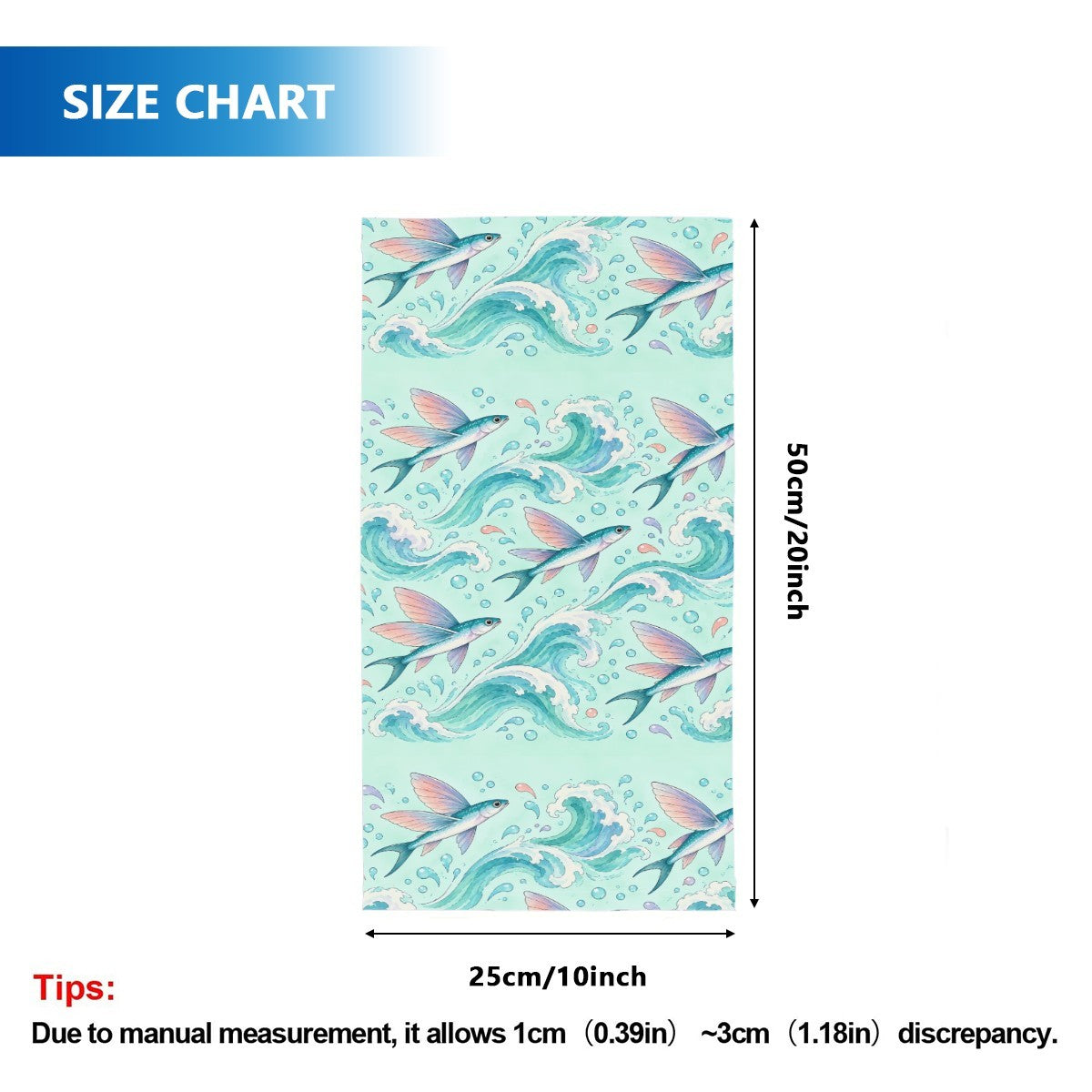 Size chart for the neck gaiter, a tube about 50 cm long and 25 cm wide when flat