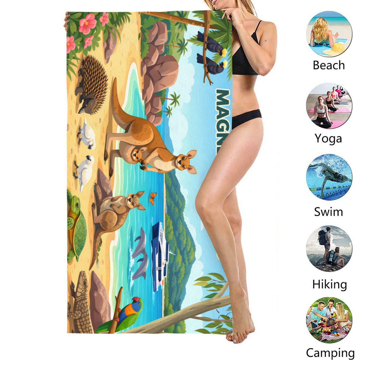 Magnetic Island wildlife scene beach towel size shown, suited to beach, yoga, swimming, hiking and camping