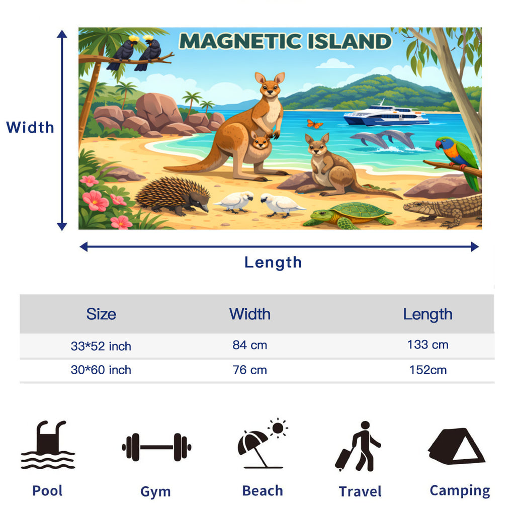 Size chart for the beach towel, 33 x 52 inch and 30 x 60 inch