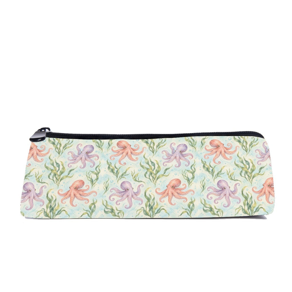 Slim zip pencil case printed with coral and lilac octopuses and kelp on pale mint green