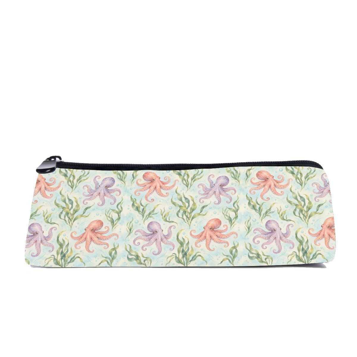 Slim zip pencil case printed with coral and lilac octopuses and kelp on pale mint green