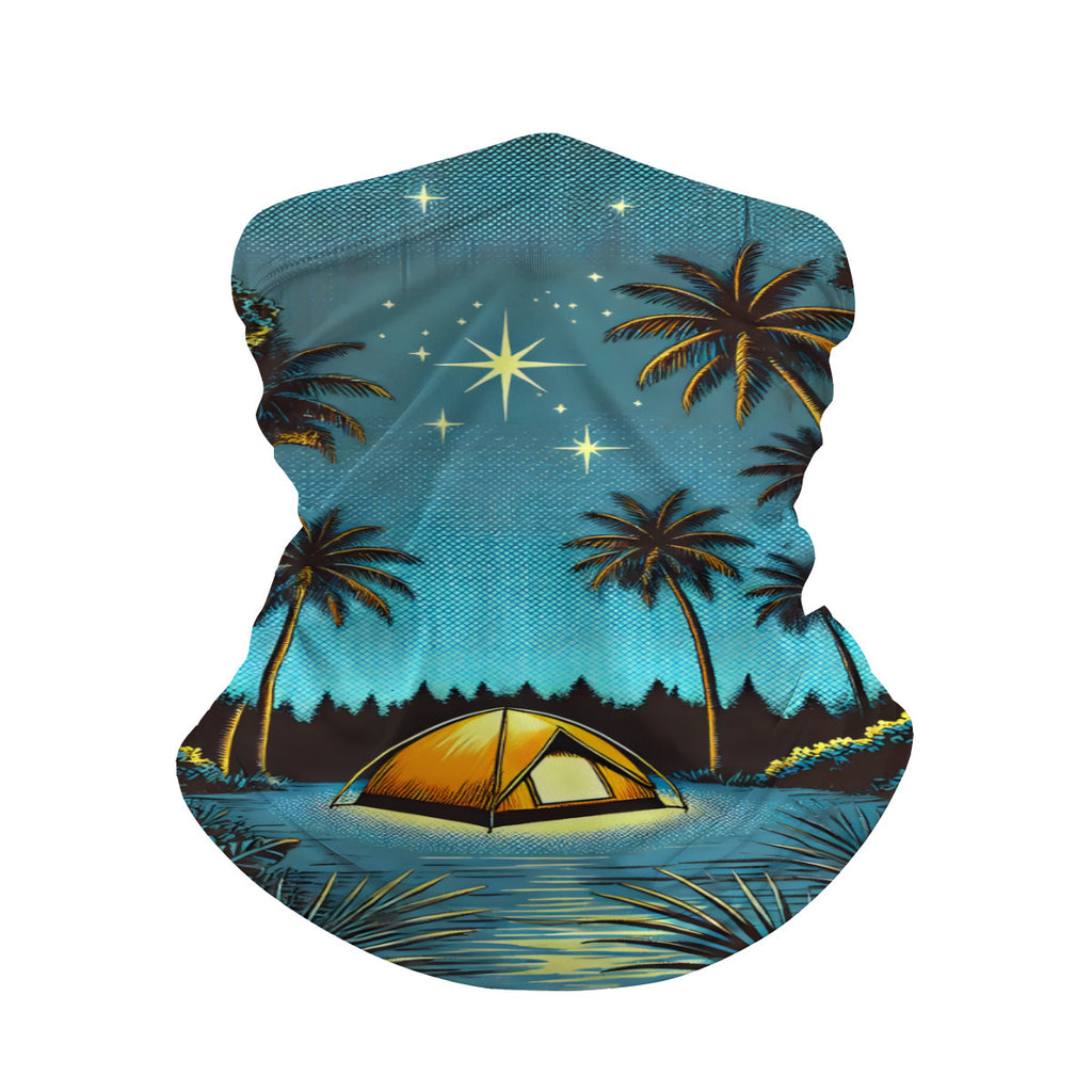 Tent under palm trees and stars print neck gaiter