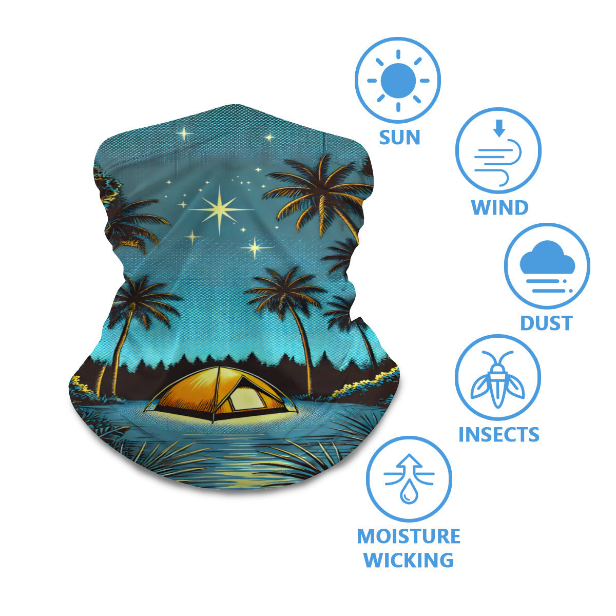 Camp Under The Stars neck gaiter worn around the neck, with sun, wind, dust and insect protection icons