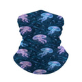 Neck gaiter and diving headband with pink, lilac and blue jellyfish on a deep navy sea